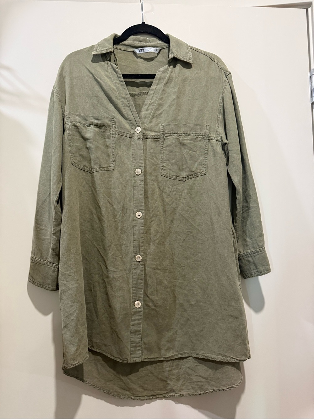 Zara Olive Green Longline Button-Up Shirt dress